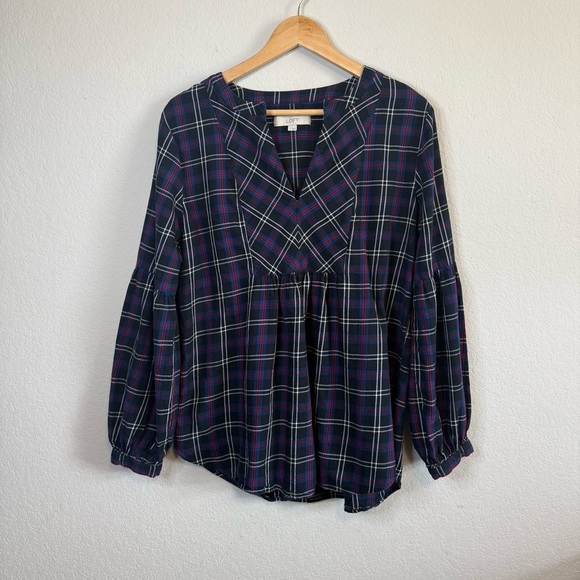Loft Black Tartan Plaid Split Neck Long Balloon Sleeve Tunic Top Size Large - Picture 2 of 12